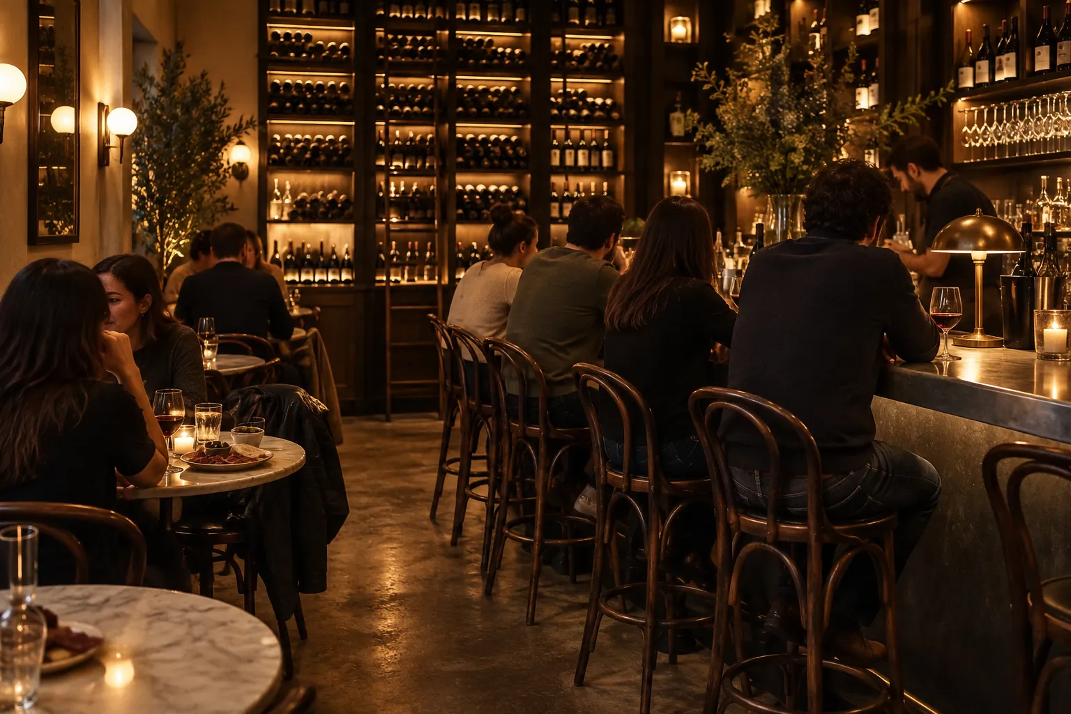 A wine bar interior with tall backlit shelves of bottles