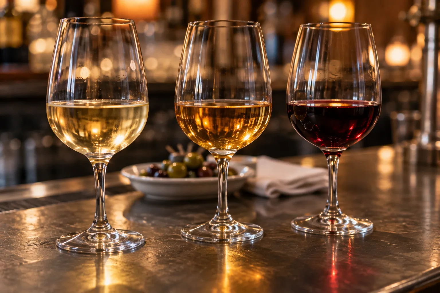 Three glasses of wine lined up on a dark bar counter