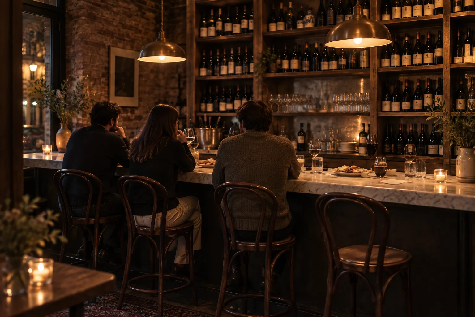 A small wine bar with a marble counter and shelves of bottles