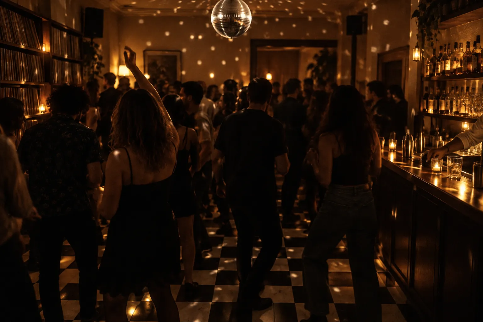 A small bar with checkered floor, disco ball and a DJ in the corner