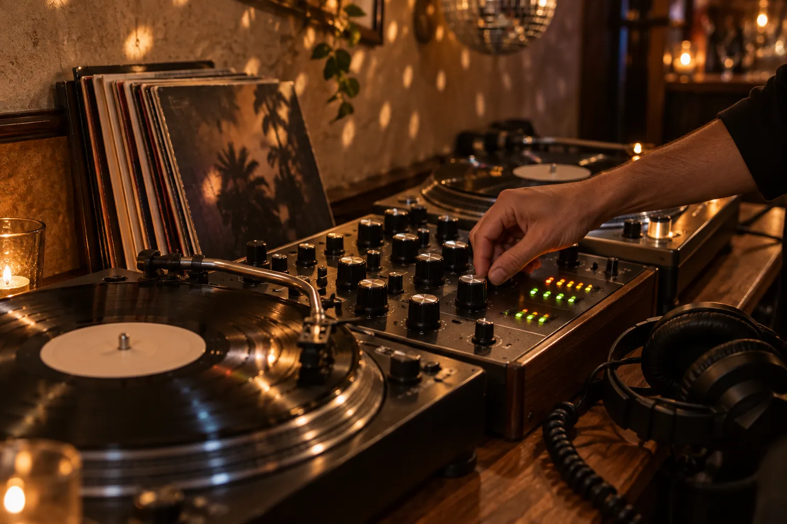 A small dance floor with a disco ball and a DJ setup in the corner