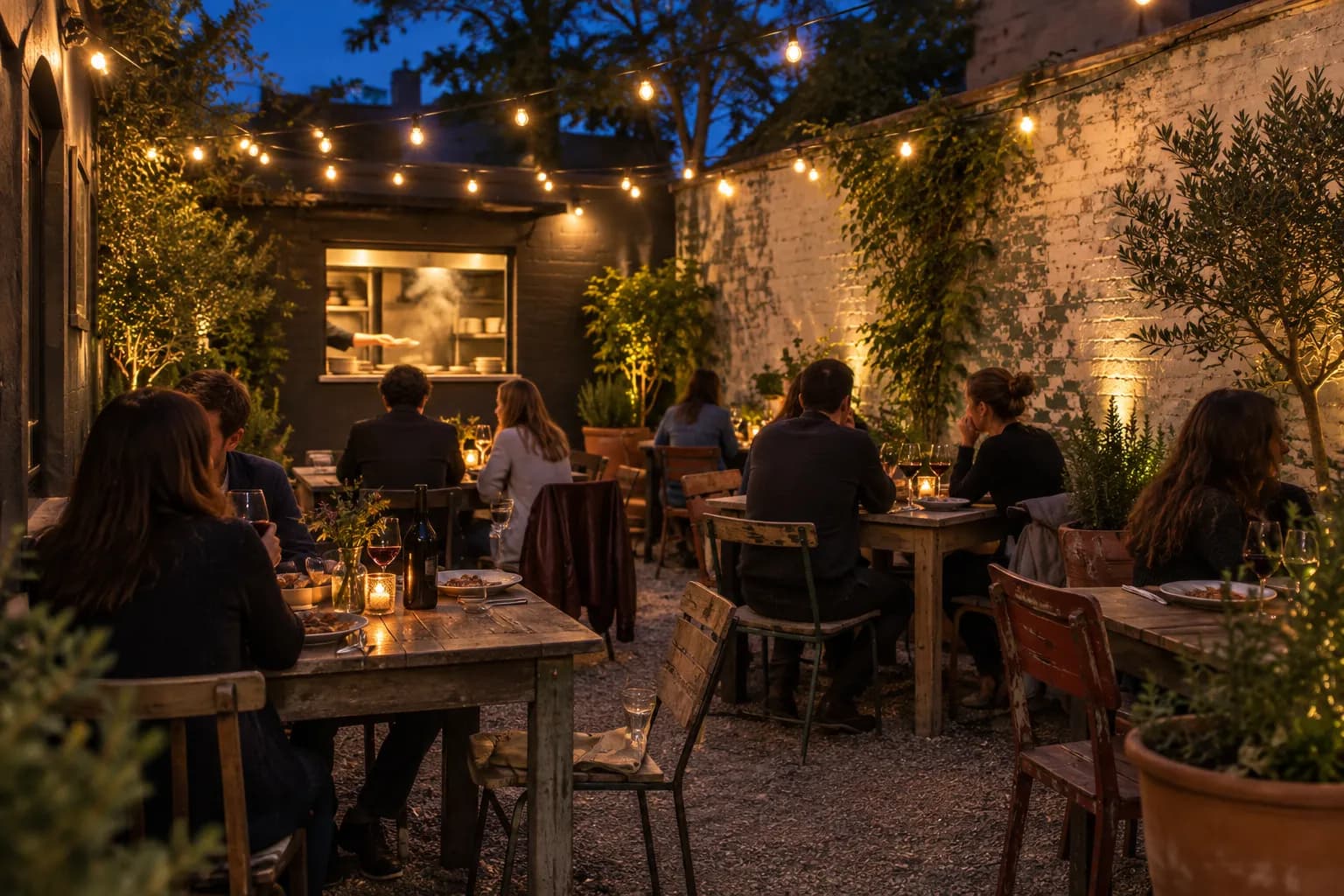 A wine bar patio at night with string lights and full tables