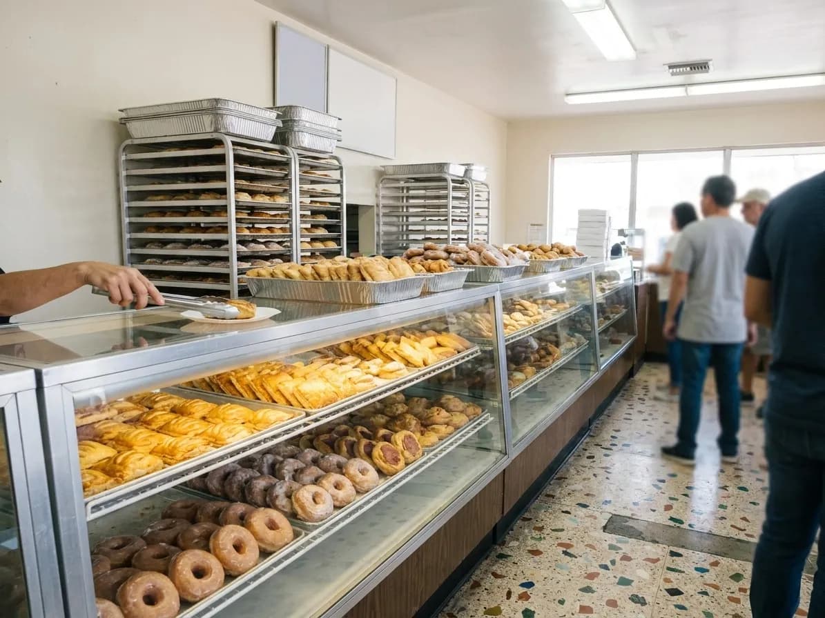 A Cuban bakery counter with a long glass case of pastries, trays stacked behind, bright fluorescent light and a tiled floor