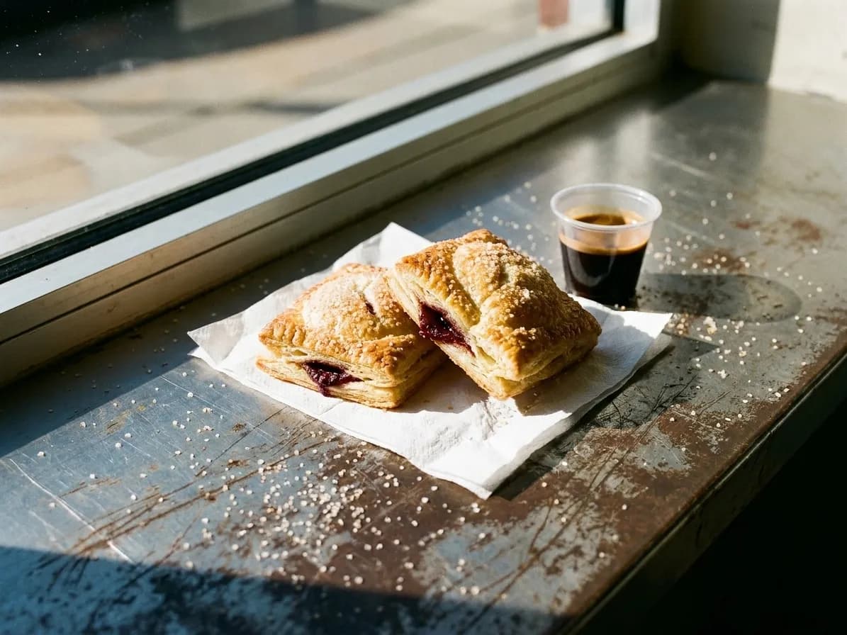 Two guava pastries and a small cup of dark coffee on a paper napkin on a metal ledge, sugar crystals scattered around them