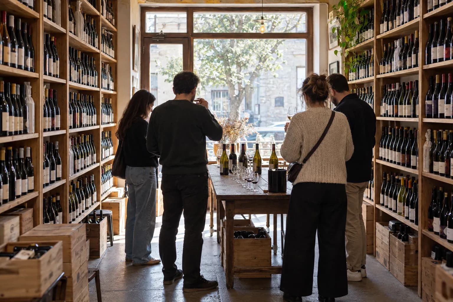 A wine shop interior with packed shelves and a tasting table