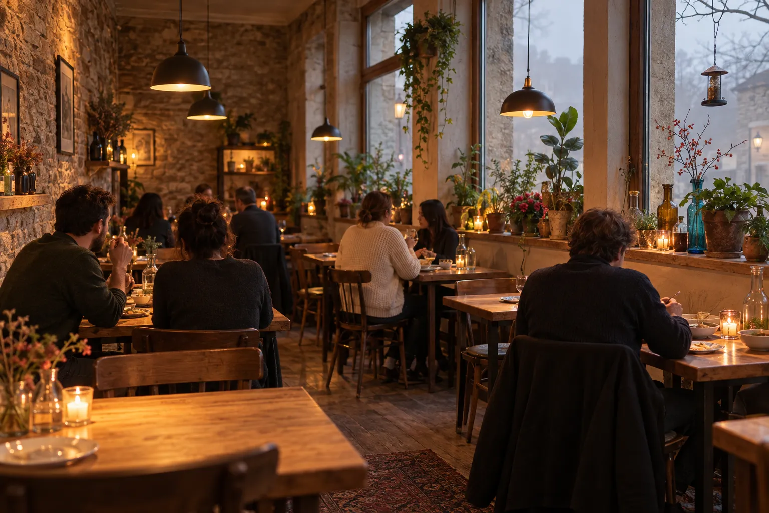 A homey brick-walled restaurant interior with plants on the window sills