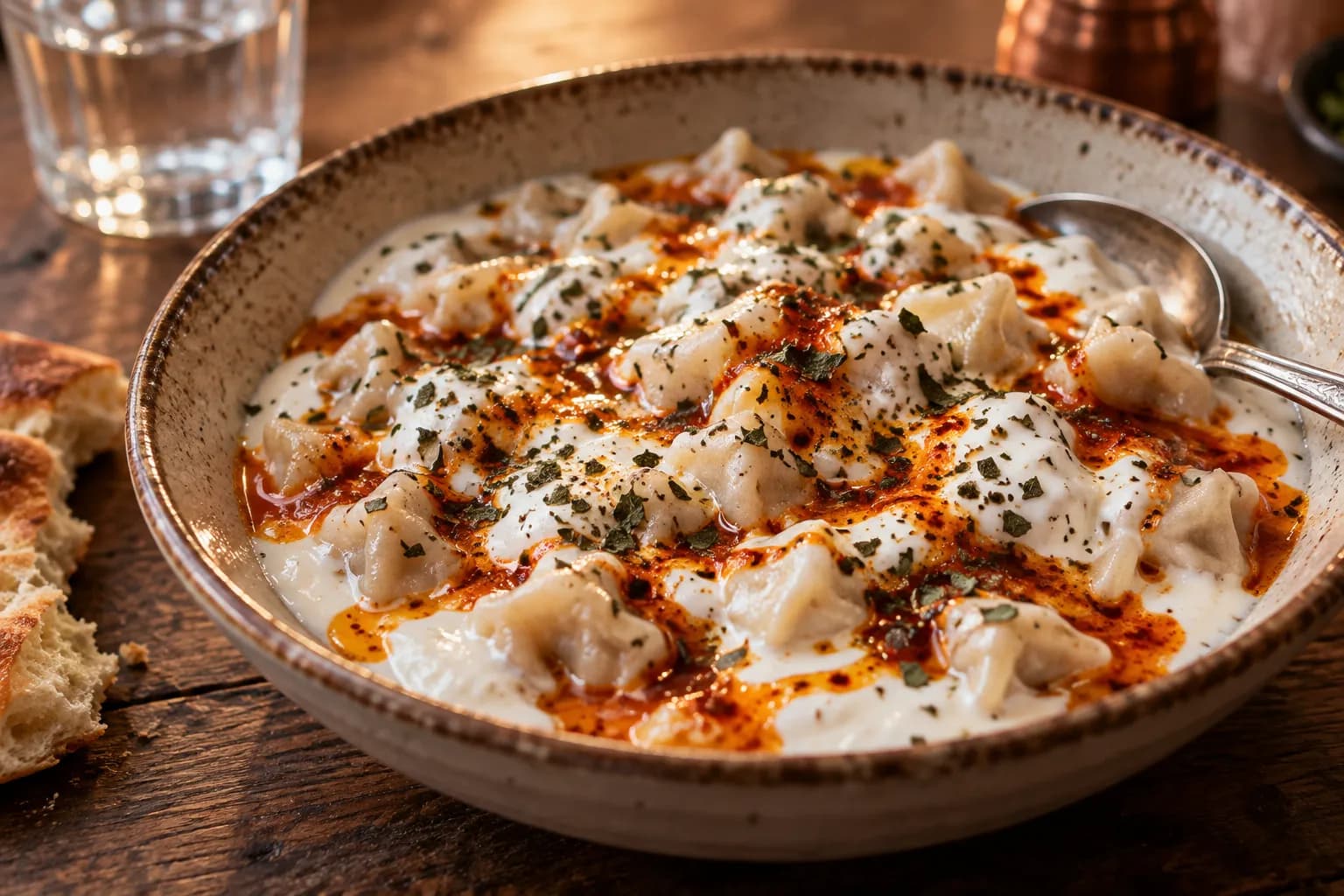 Small Turkish dumplings under garlic yoghurt and a red butter sauce