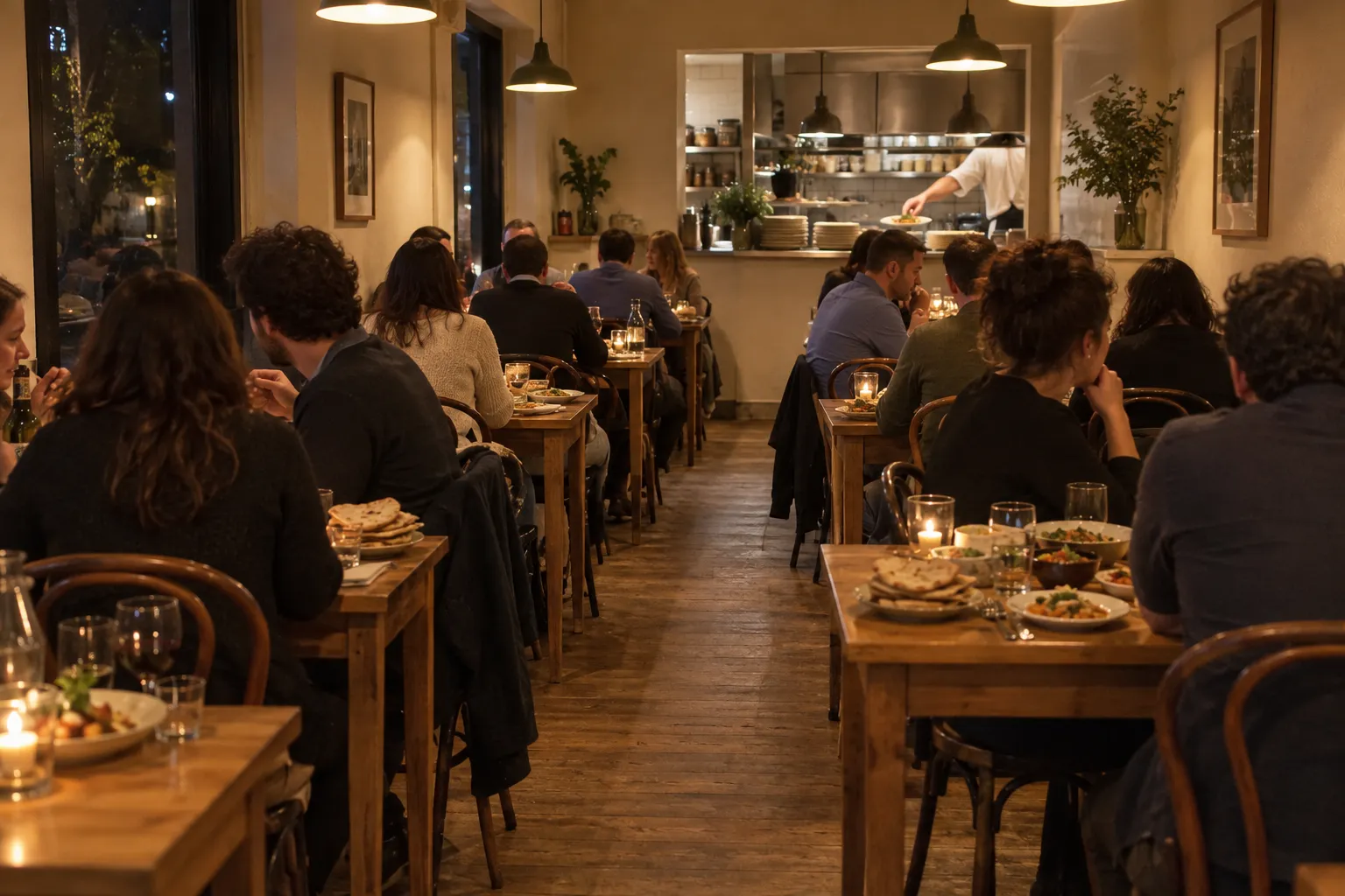 A busy neighbourhood restaurant dining room with shared plates on tables