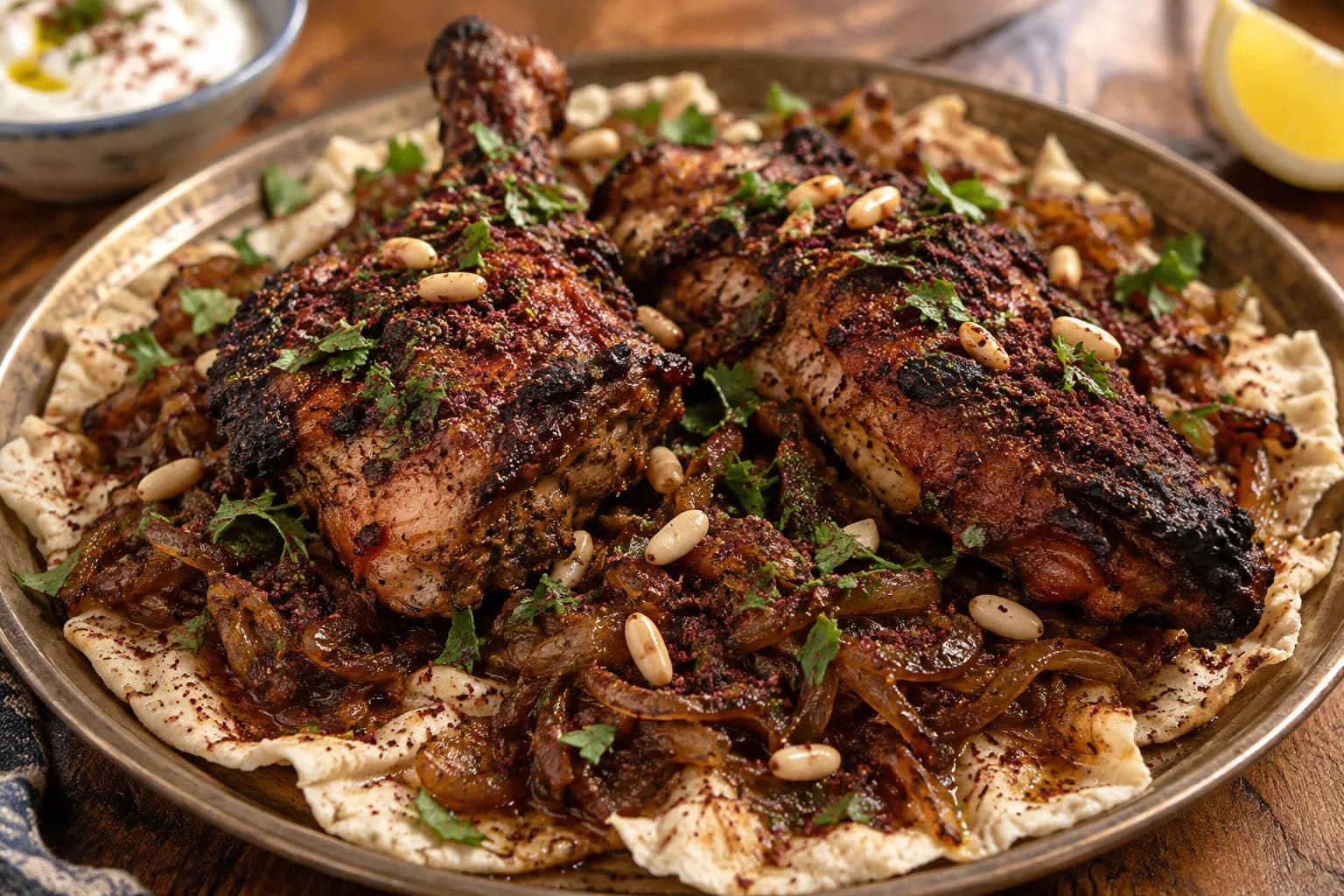 Spiced chicken over flatbread heaped with caramelised onions and pine nuts