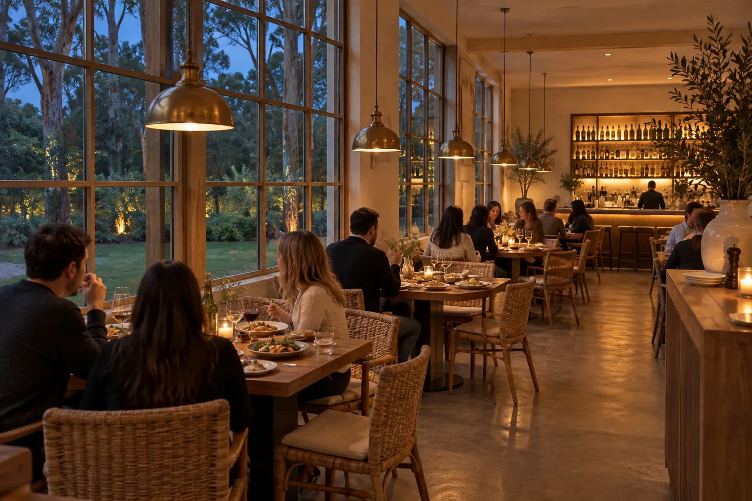 A warm restaurant dining room with large windows onto parkland