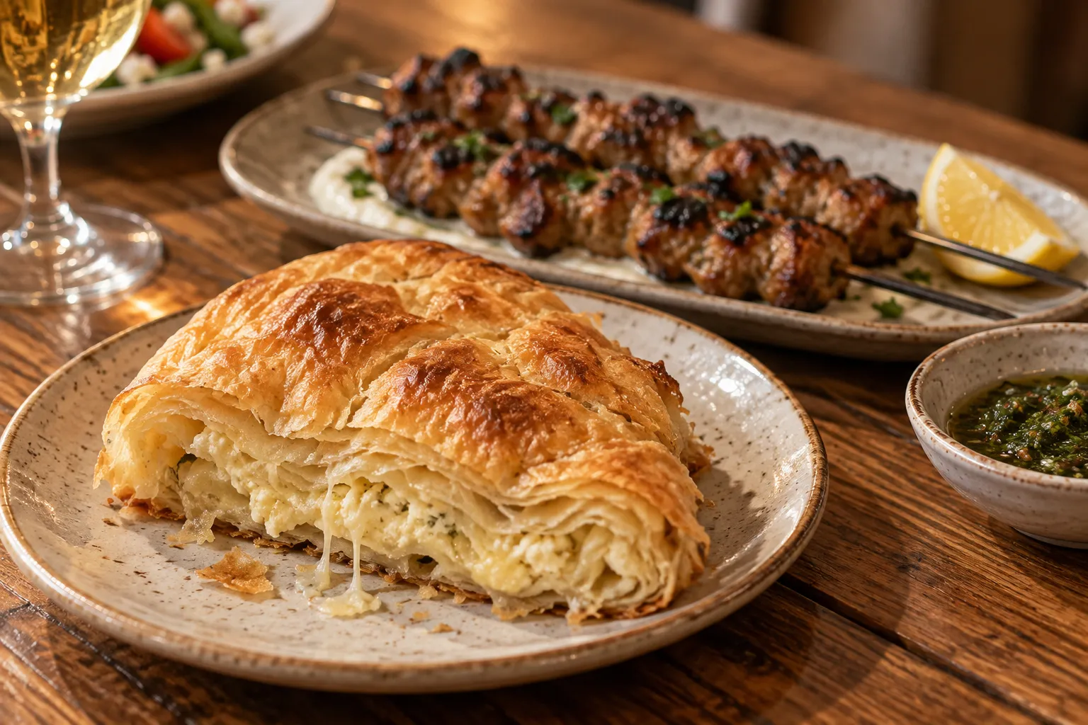Flaky layered pastry and grilled skewers arranged for sharing on a table