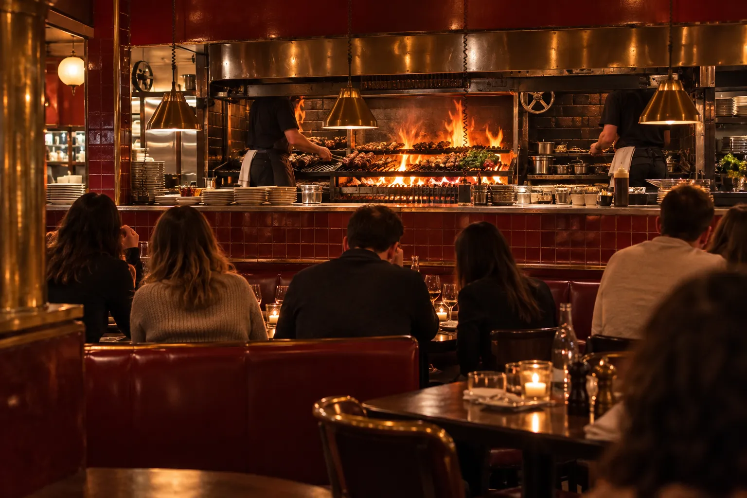A warm restaurant interior with an open grill kitchen behind the pass