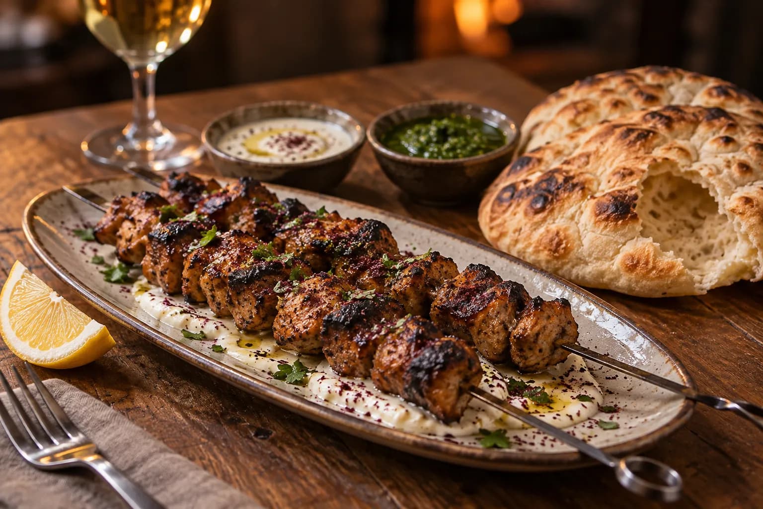Charred kebab skewers and flatbread arranged on a table for sharing