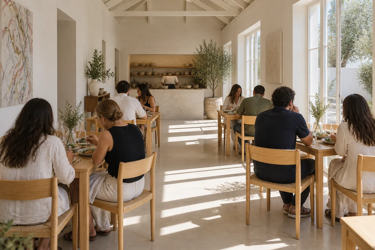 A bright airy restaurant dining room with pale walls and full tables
