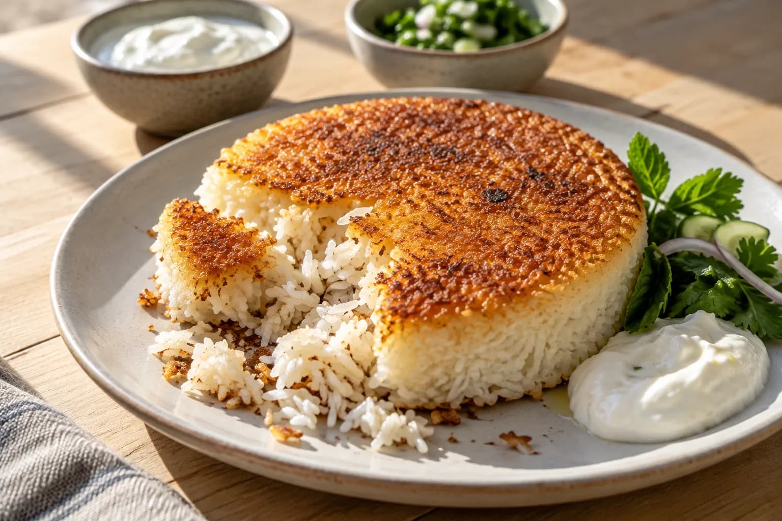 A golden crusted rice disc and small mezze plates on a bright table