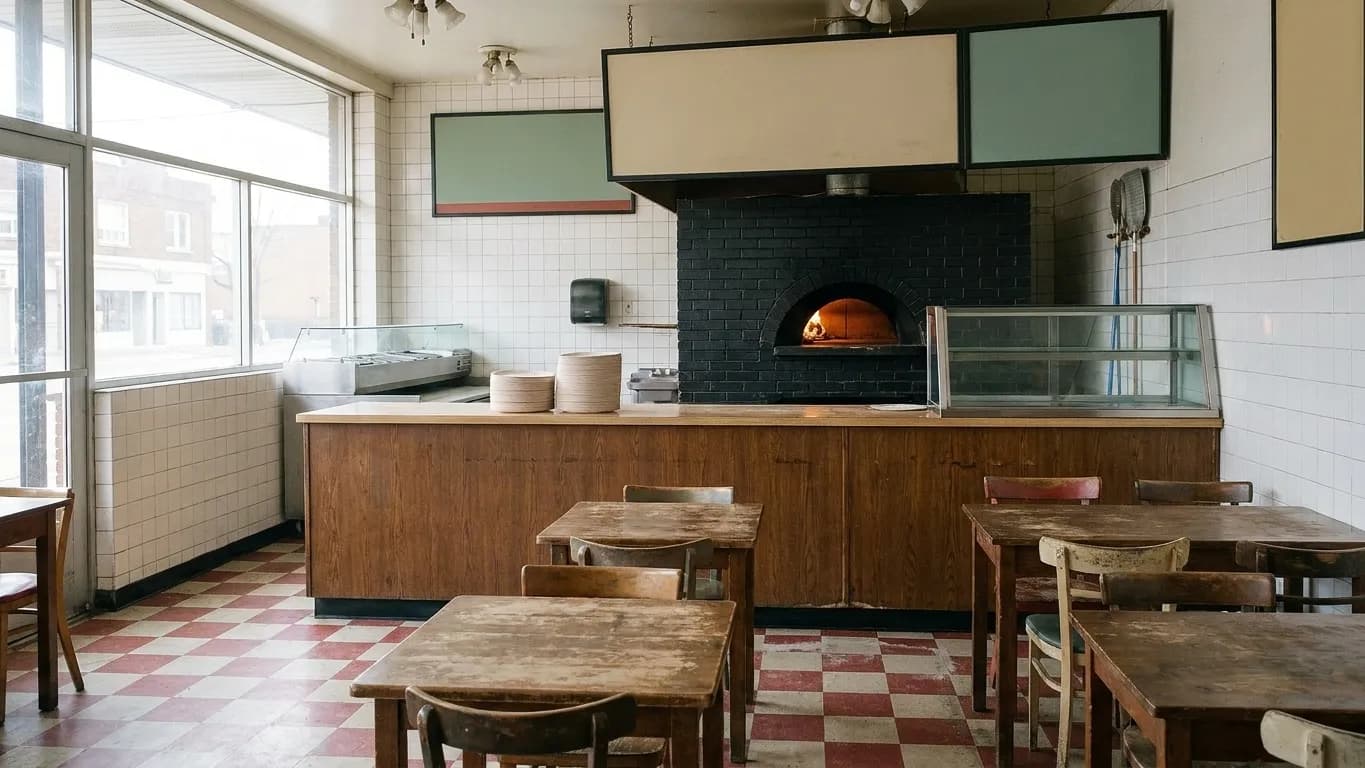 An old pizzeria interior with a coal oven mouth at the back, wooden tables and chairs, tiled walls and worn linoleum underfoot
