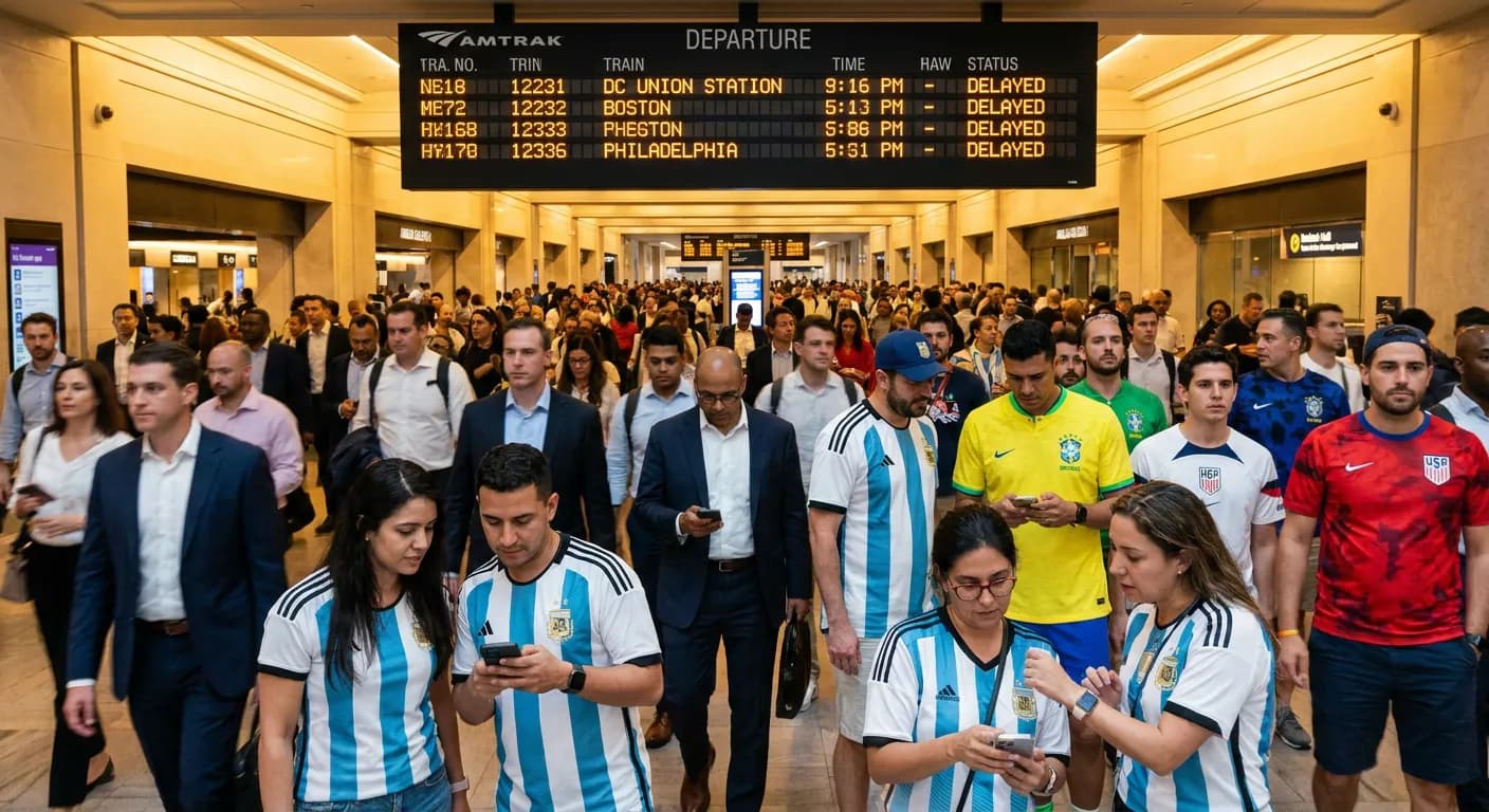 Penn Station concourse with World Cup-bound commuters checking NJ Transit mobile app