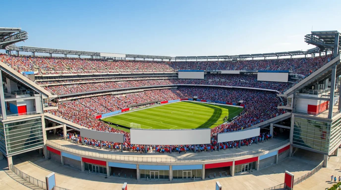 Bright wide view of a packed football stadium on World Cup final day