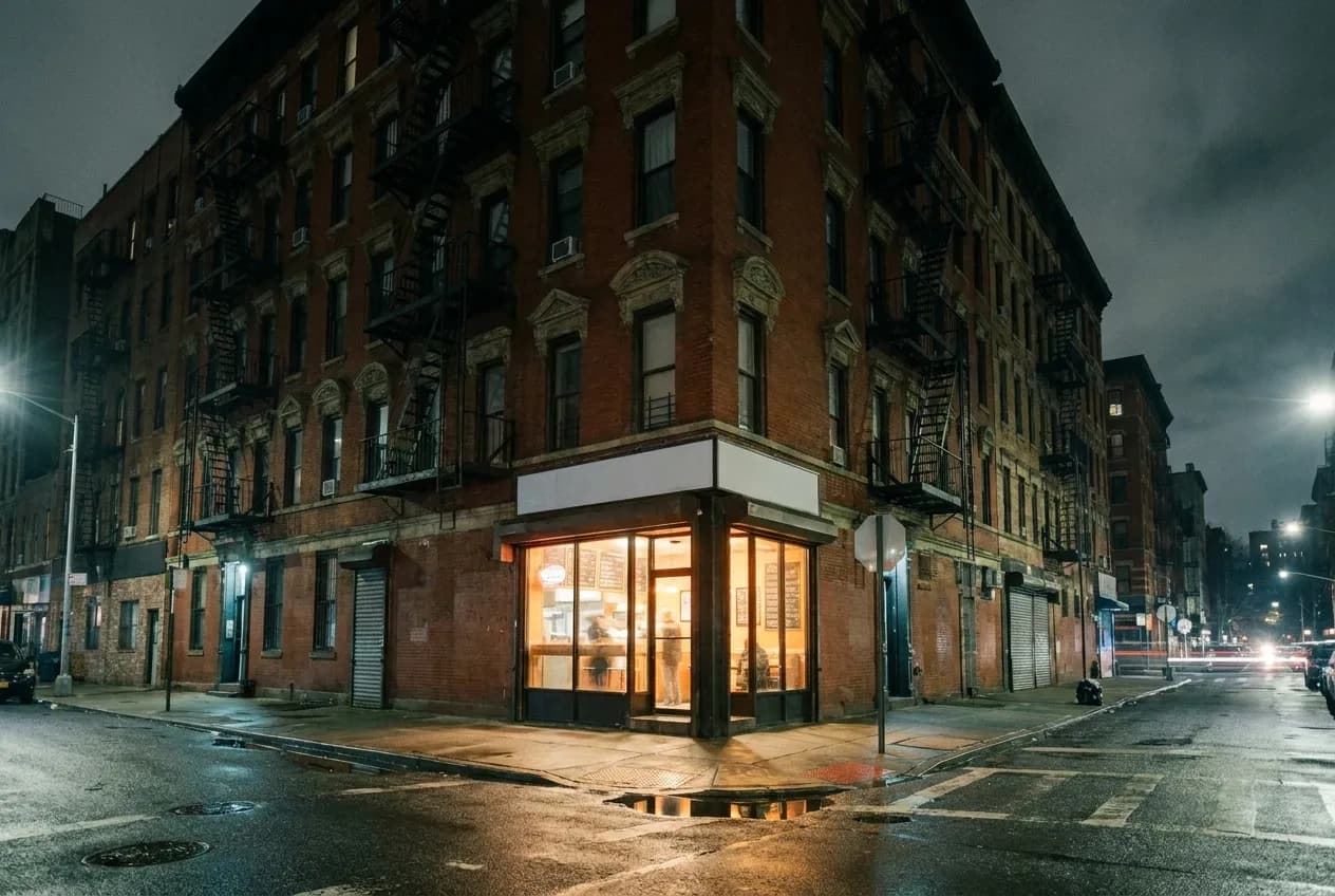 A slice shop window throwing light onto a narrow Lower East Side street after midnight