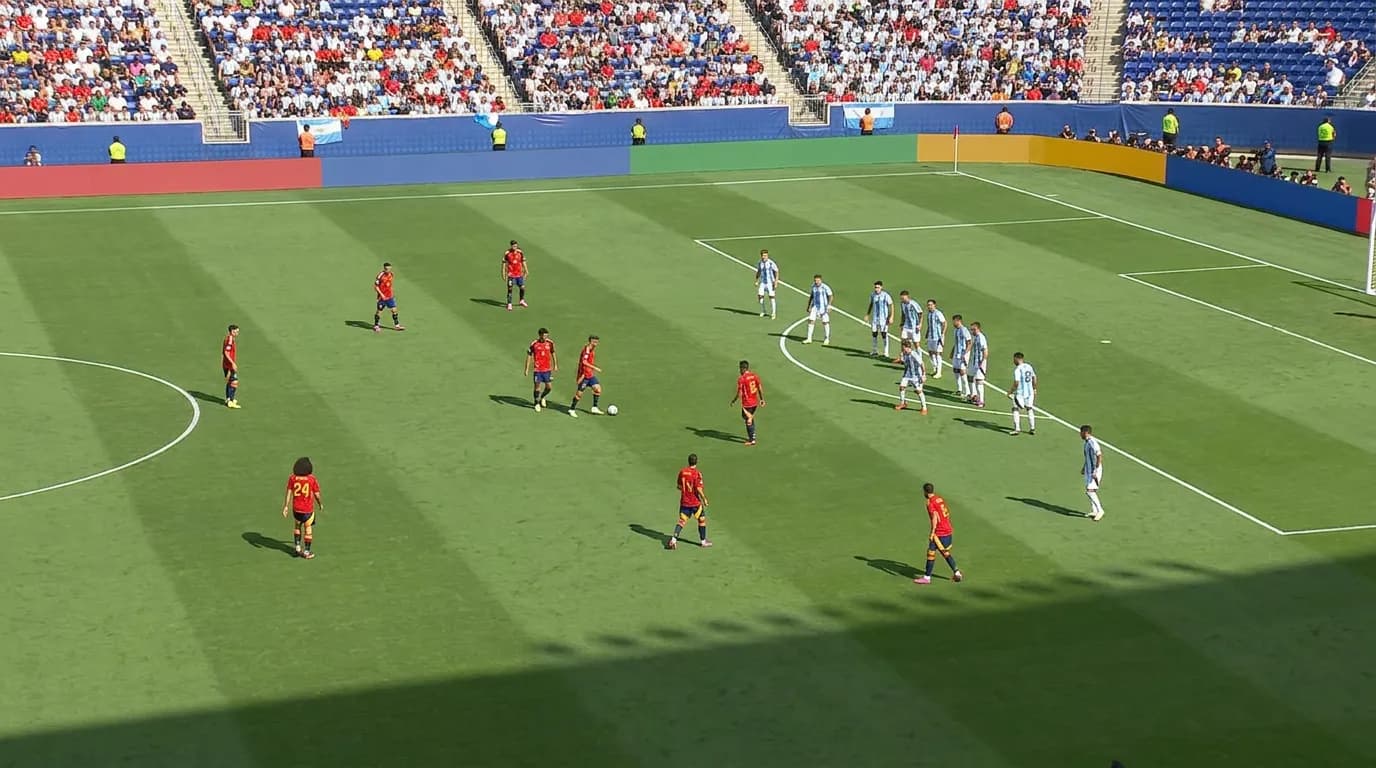 High sideline view showing a red team circulating the ball around a compact defensive block
