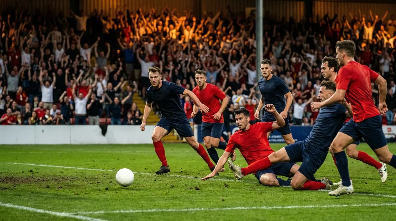 Bright field-level football scene with attackers and defenders stretching toward a loose ball in extra time