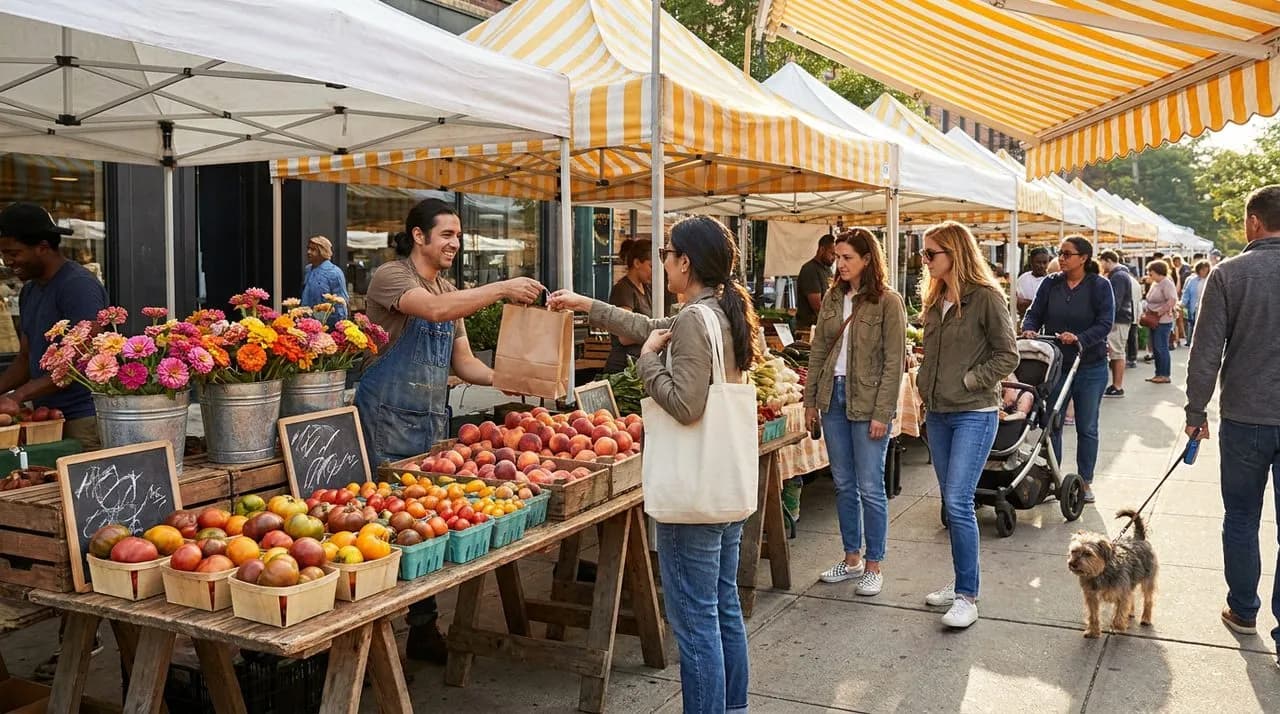 Bustling Brooklyn farmers market on a sunny Sunday morning — long wooden trestle table piled with heirloom tomatoes, zinnias in tin buckets, peaches in crates, vendor handing a paper bag to a customer