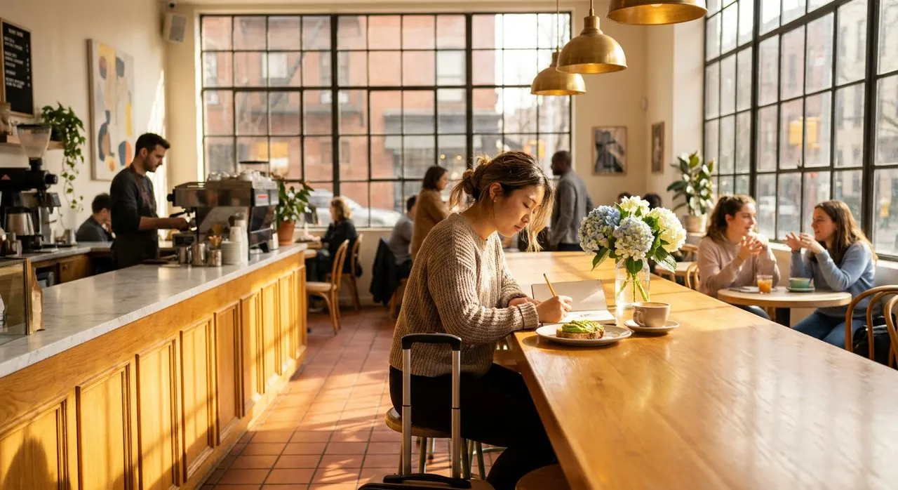 A young woman planning a trip at a sunlit West Village brunch cafe Saturday morning — carry-on at her feet, notebook open, brass pendants and tall industrial windows