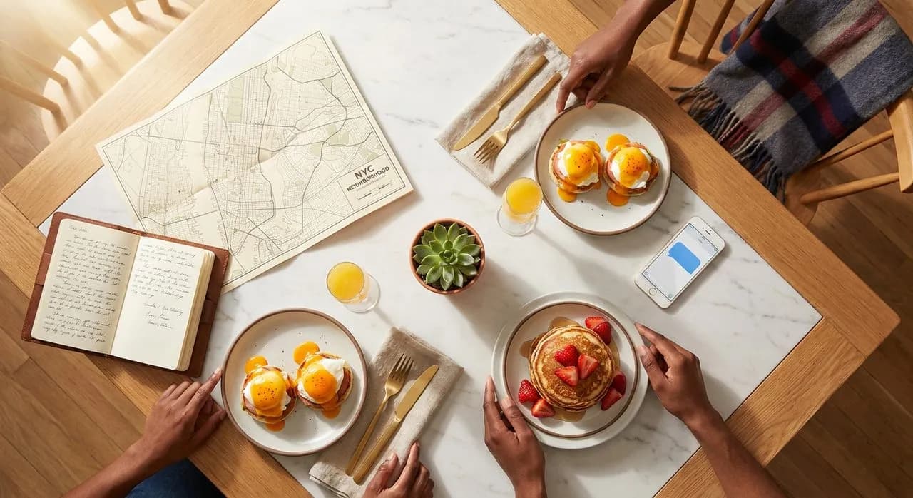 Saturday brunch flatlay — NYC neighborhood map, mimosa, eggs benedict, an iPhone with iMessage chat bubbles, a Premier League scarf at the edge
