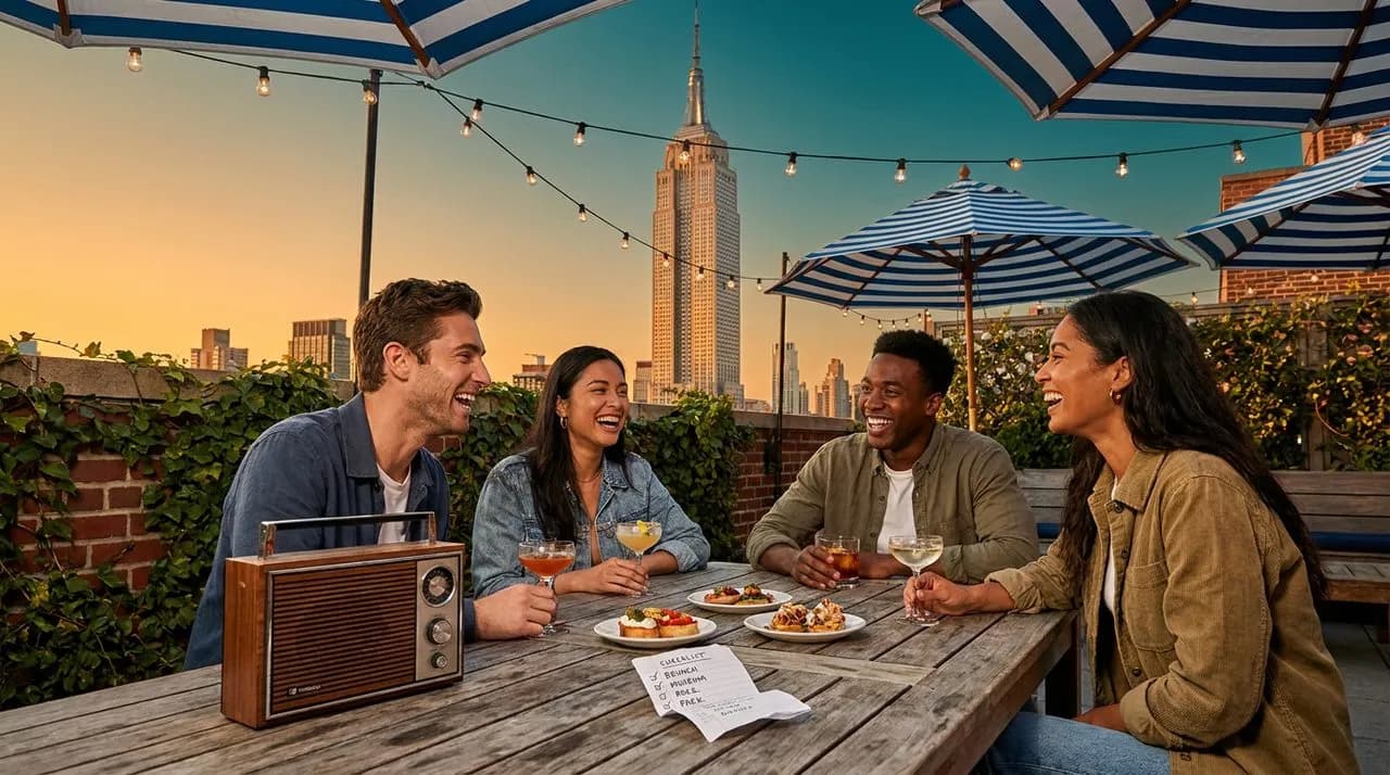 NYC rooftop bar at golden hour with friends laughing around a teak table — string lights, Manhattan skyline, late-summer warmth