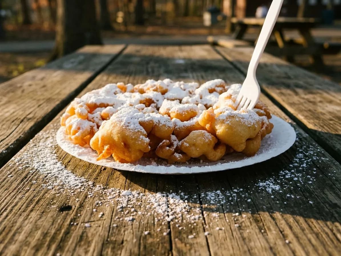 A paper tray of fried dough dusted heavily with powdered sugar on a scarred picnic table, sugar scattered across the boards