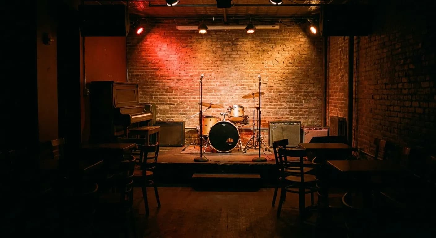 A small basement music room with a low stage, upright piano and drum kit set up, red and amber light washing a bare back wall