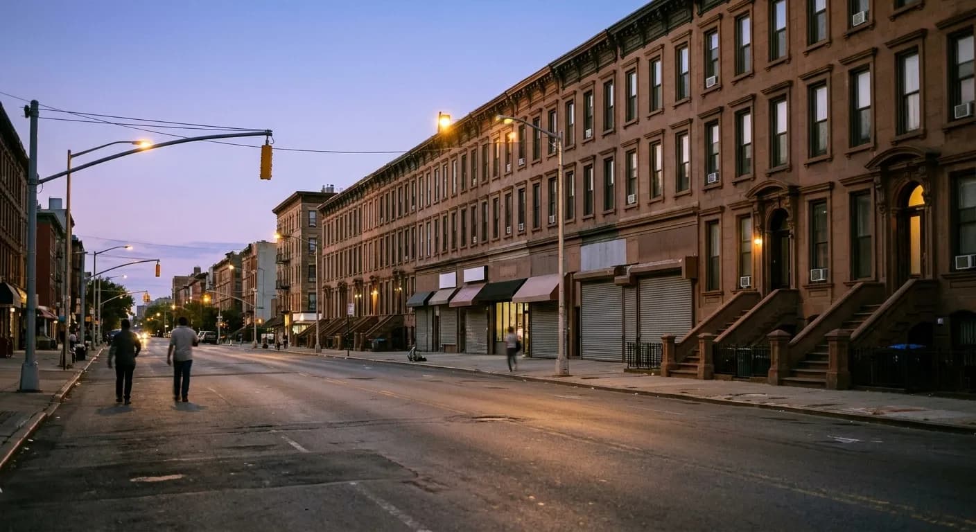 A Harlem avenue in the early evening, brownstone stoops and low commercial frontage along one side, a wide street receding under a violet sky