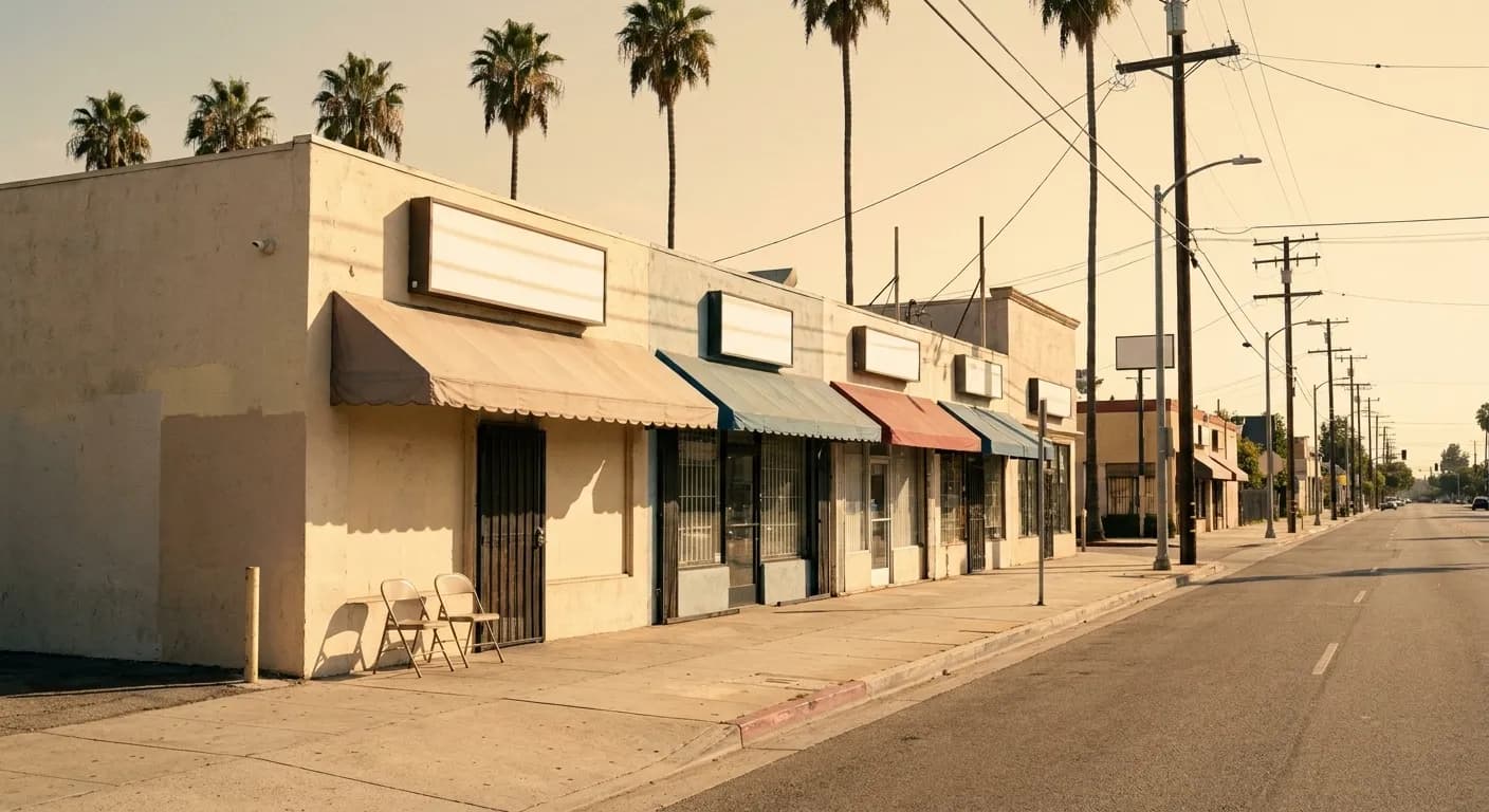 A low commercial block in South Los Angeles in afternoon light, single-storey shopfronts with awnings, a wide sidewalk and palms behind the rooflines