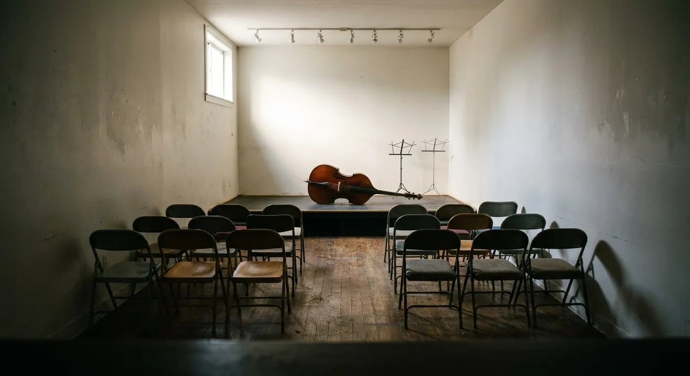 A bare-bones performance space with folding chairs facing a corner stage, a double bass and music stands waiting, plain painted walls