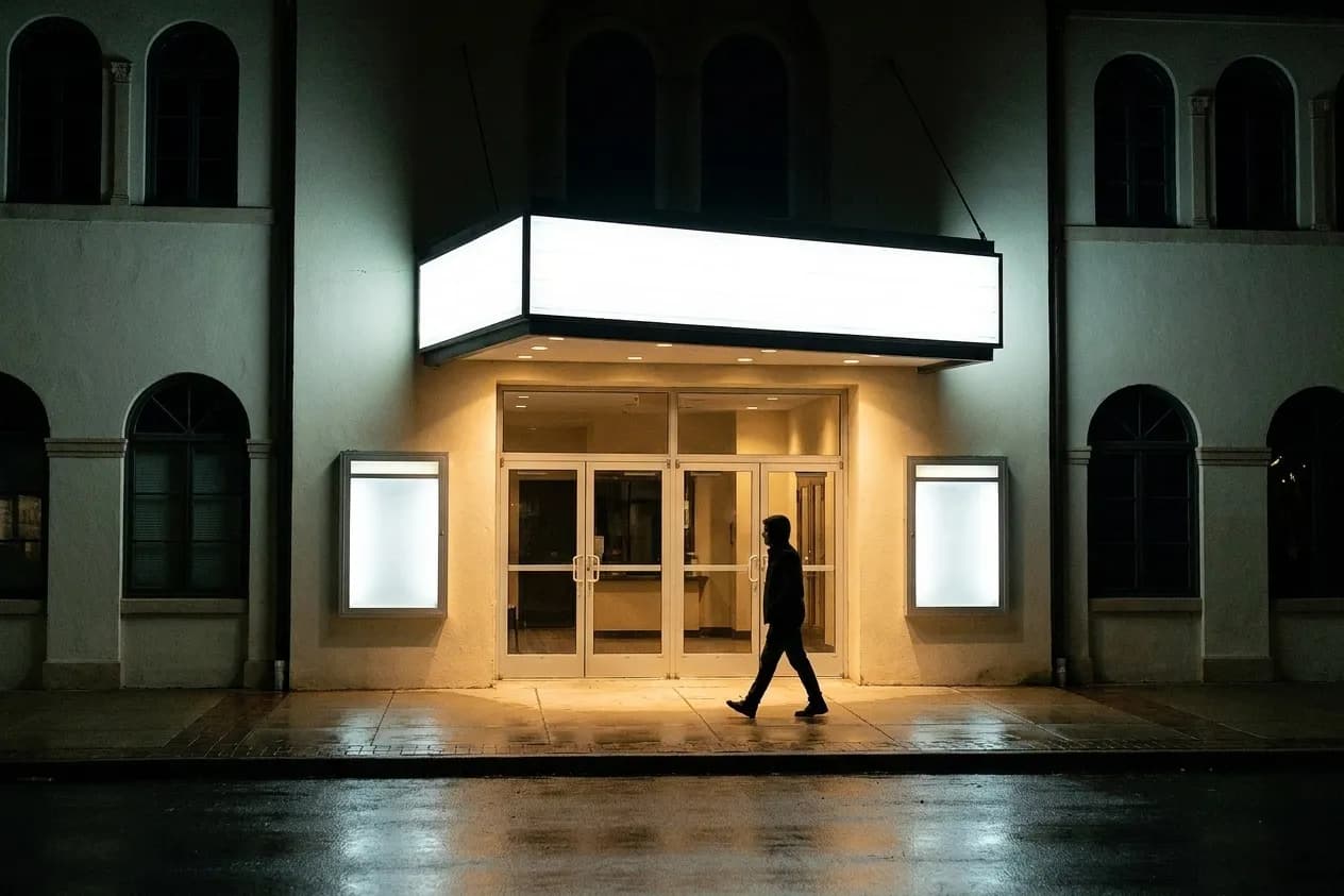 A cinema entrance on a quiet Coral Gables street at night, a lit canopy over glass doors, Mediterranean-style facades either side