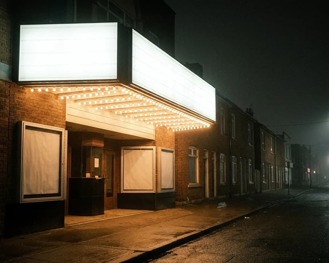 A single-screen neighbourhood cinema facade at night, a projecting canopy over the pavement, low buildings continuing down the street either side