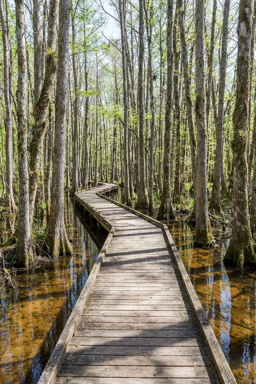A raised wooden boardwalk curving through dense cypress and shallow water, dappled light falling between the branches overhead