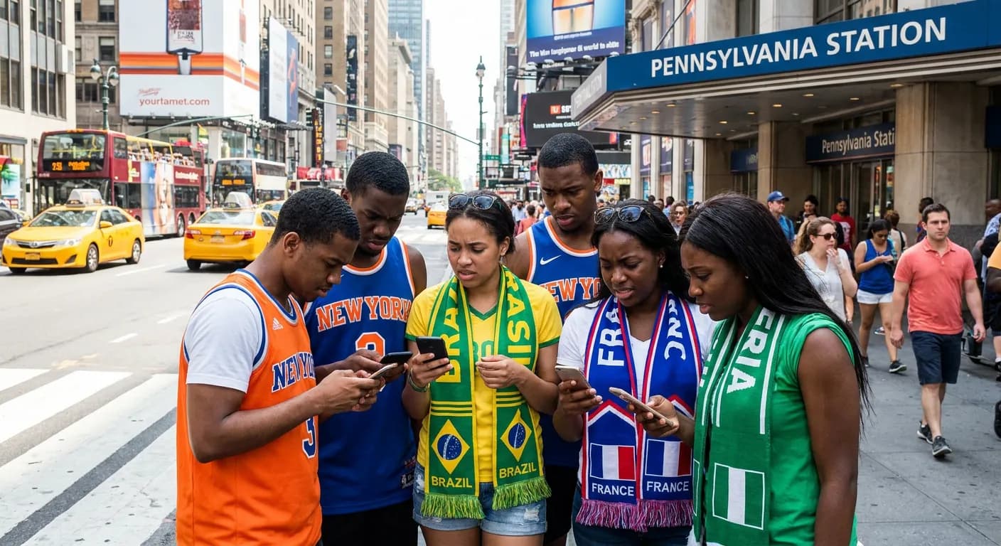 NYC fans checking phones for Regnyctix lottery results outside Penn Station
