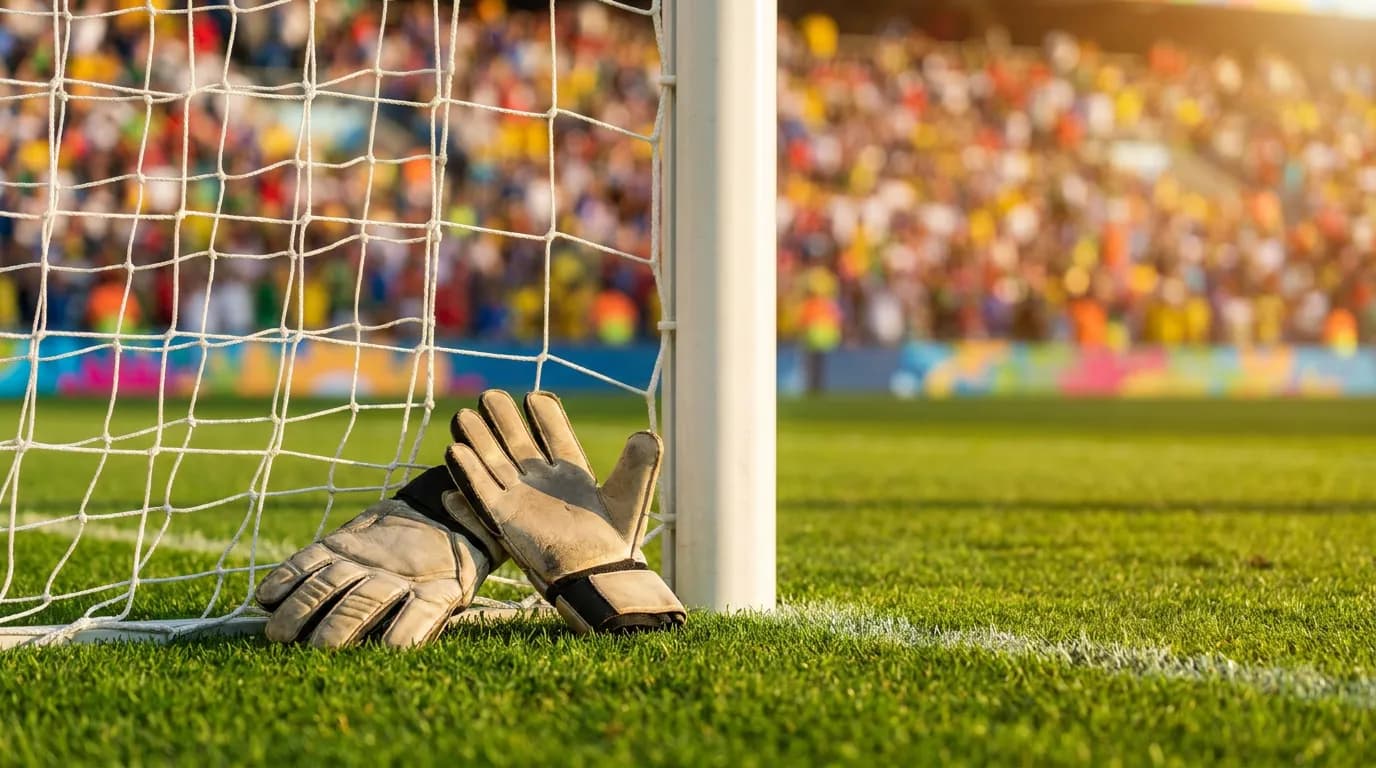 Goalkeeper gloves beside a sunlit goalpost before a major football final