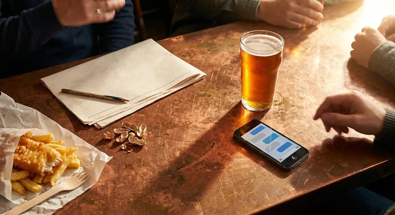 Close-up overhead of a pint of pale ale beside an iPhone showing iMessage chat bubbles on a copper-topped pub table, afternoon light