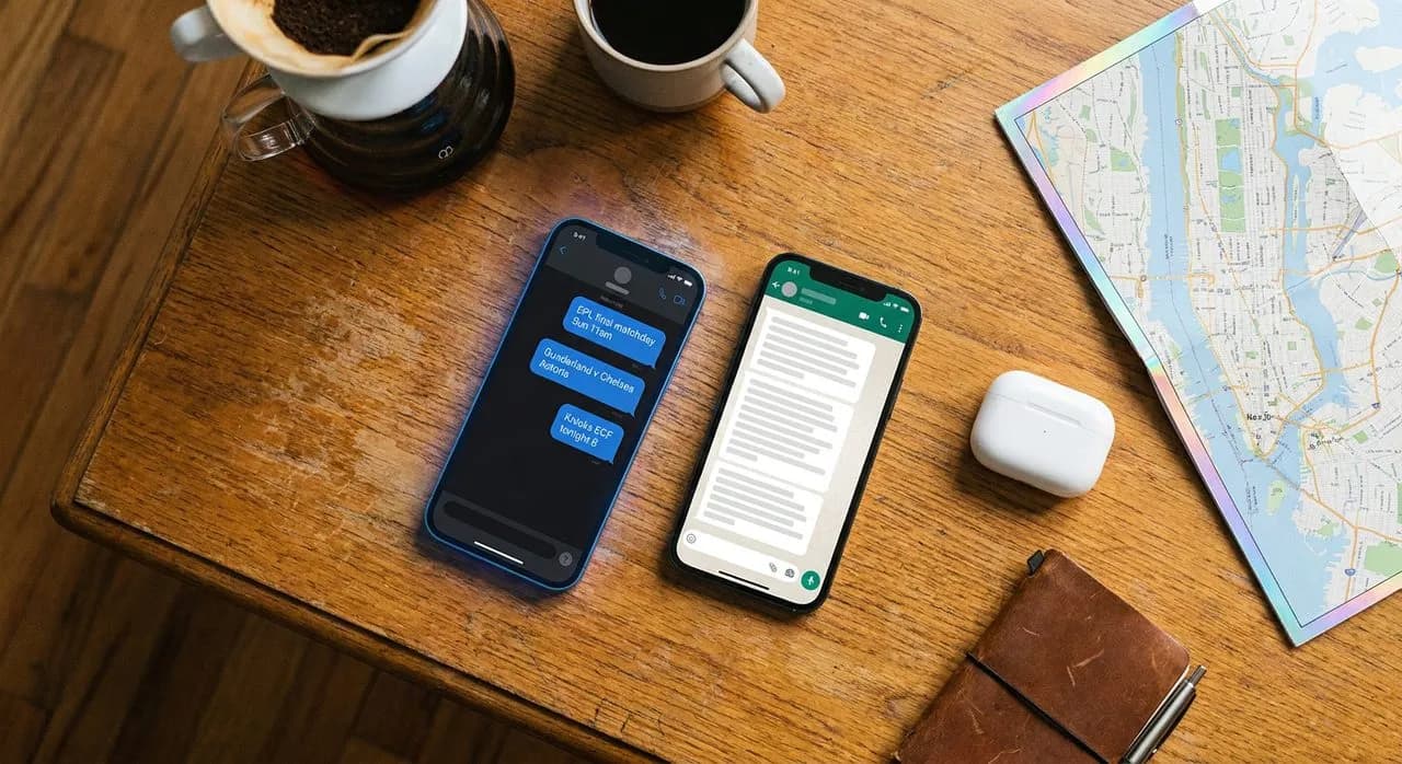Overhead flat-lay of two smartphones side-by-side — left phone shows a Karpo iMessage blue-bubble chat about the EPL final matchday and Knicks ECF, right phone shows a generic WhatsApp green-bubble chat with plain text walls