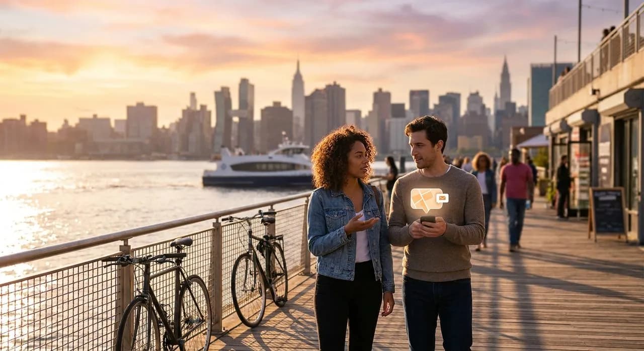 Brooklyn Williamsburg waterfront at golden-hour Saturday evening — two friends walking, one holding a phone whose screen subtly glows with a map-and-message card, Manhattan skyline soft-focus in the distance