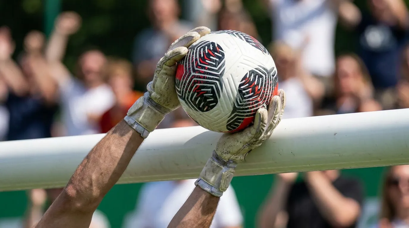Close view of goalkeeper gloves tipping a football over the crossbar