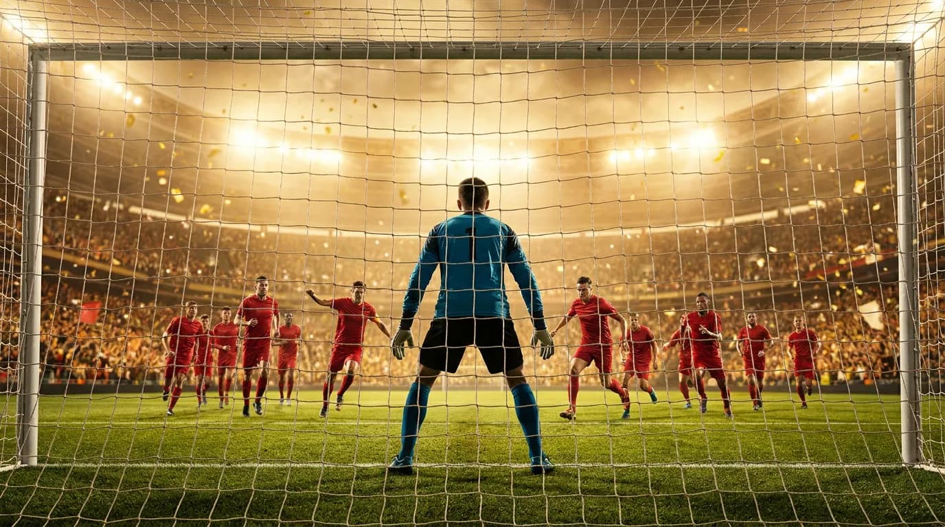 Behind-the-goal view of a goalkeeper facing an advancing line of attackers