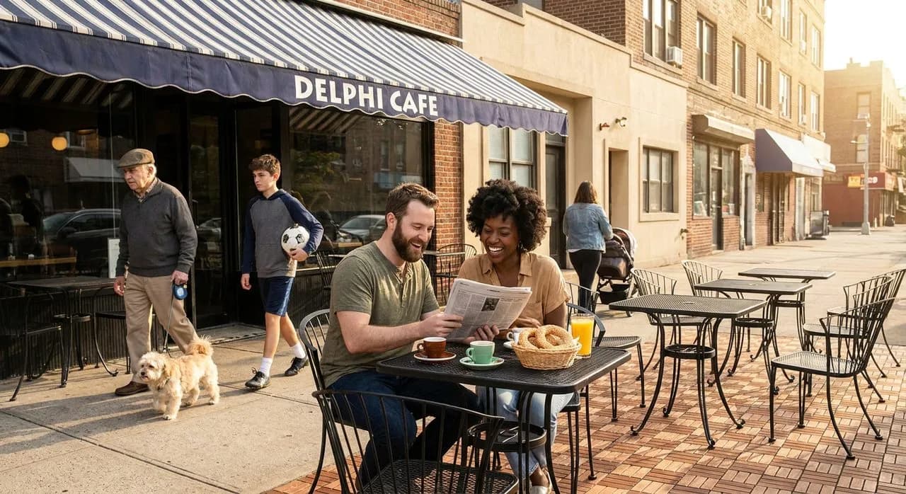 Astoria sidewalk Greek-style cafe on a Saturday morning — wrought-iron bistro tables, navy-and-white awning, koulouri bread basket, couple laughing over coffee, passersby with a dog