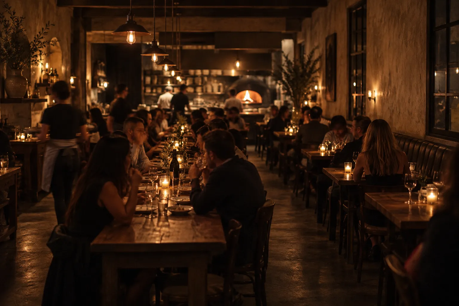 A dim restaurant dining room with long dark wooden tables and low hanging lights