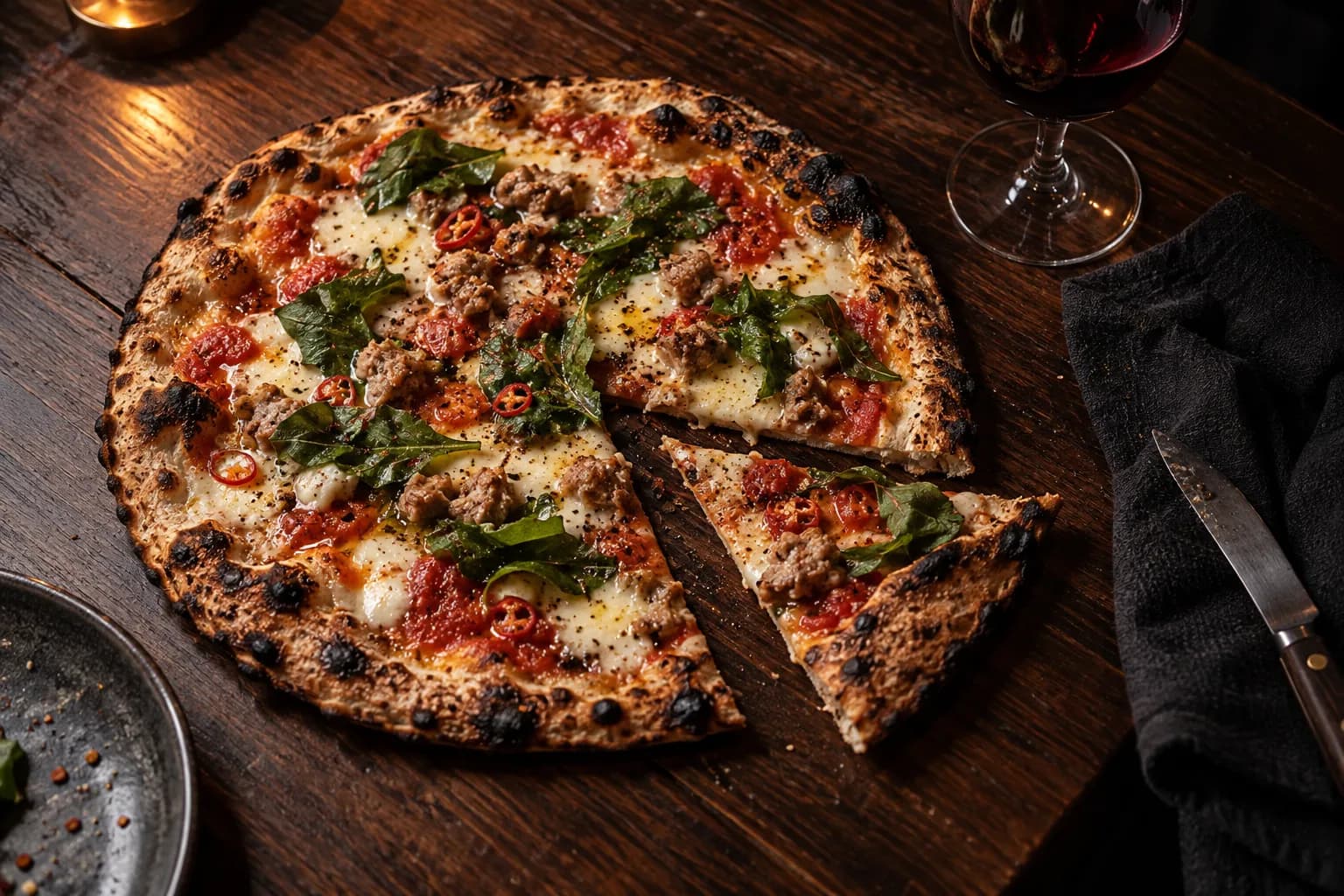 A thin, dark-edged wood-fired pizza on a dark wooden table in a dim restaurant