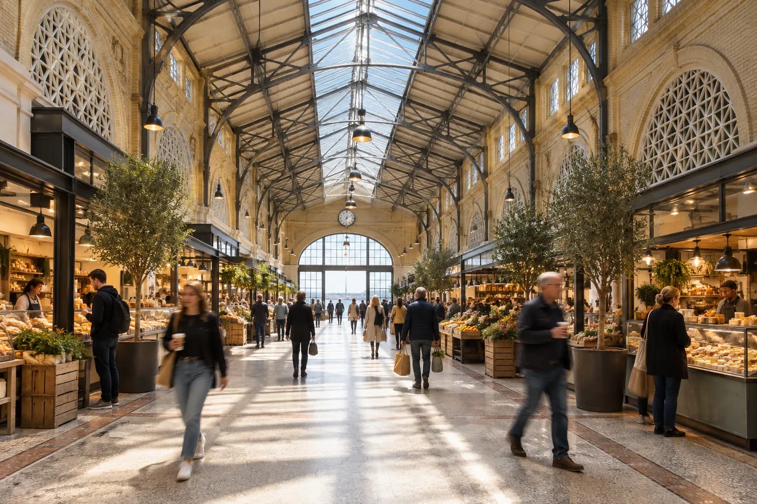 The long interior hall of a historic waterfront market building with skylights and food stalls