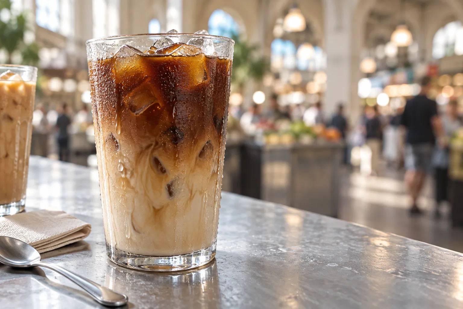 A close view of an iced coffee in a cup on a counter with a marketplace hall out of focus behind