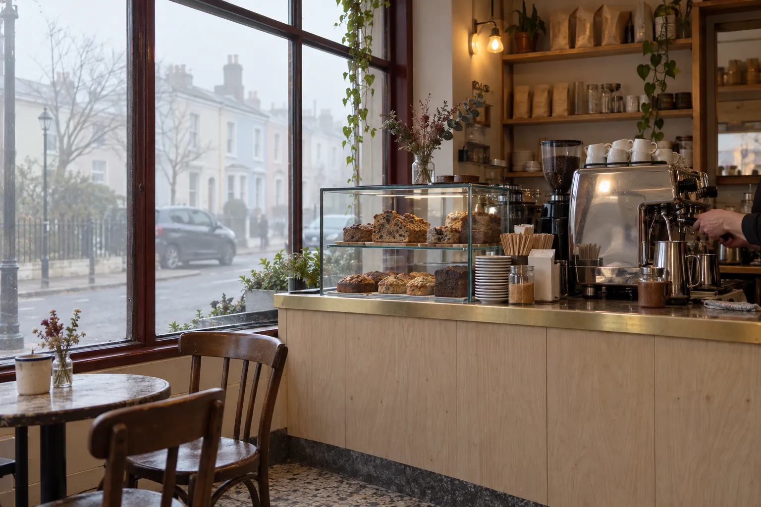 A small neighbourhood coffee shop counter on a foggy residential street
